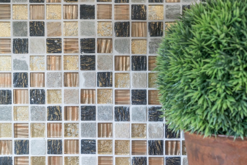 Piastrella di mosaico dipinta a mano Backsplash di piastrelle Traslucido oro marrone Mosaico di vetro Pietra di cristallo texture oro marrone MOS83-CR17_m