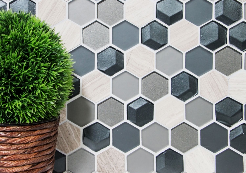 Piastrella di mosaico decorata a mano Backsplash di piastrelle Grigio traslucido Mosaico di vetro esagonale Pietra di cristallo 3D grigio MOS11D-22_m