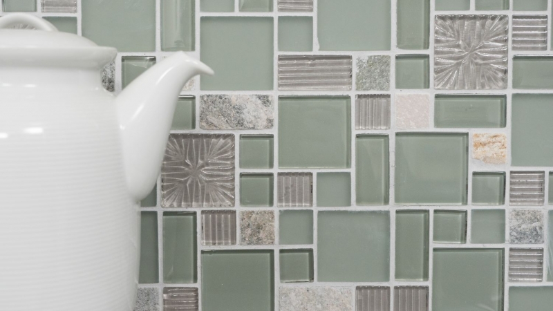 Piastrella di mosaico dipinta a mano Backsplash di piastrelle Grigio traslucido Combinazione di mosaico di vetro Pietra di cristallo chiara grigio opaco MOS88-MC669_m