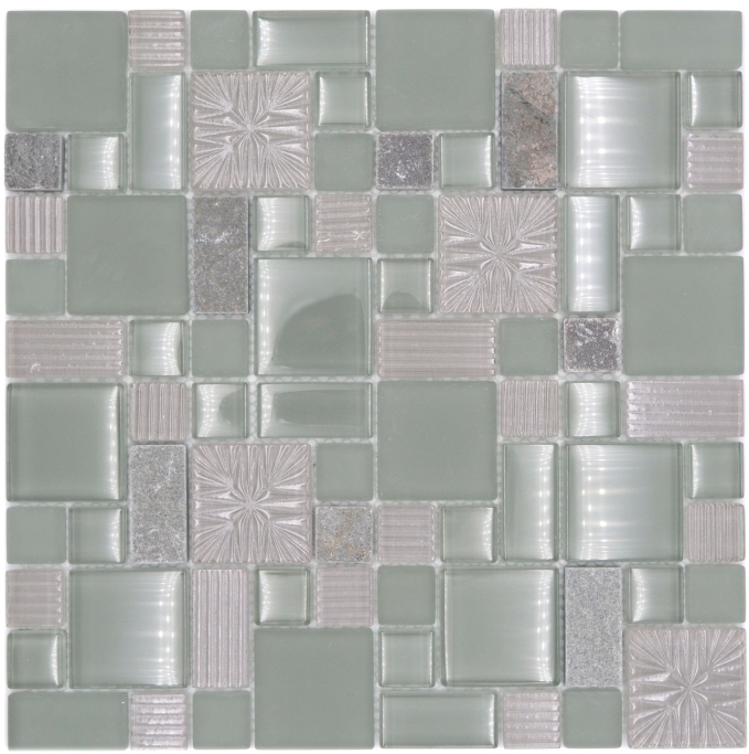 Piastrella di mosaico dipinta a mano Backsplash di piastrelle Grigio traslucido Combinazione di mosaico di vetro Pietra di cristallo chiara grigio opaco MOS88-MC669_m