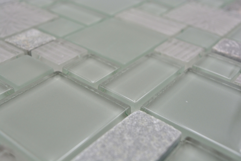 Piastrella di mosaico dipinta a mano Backsplash di piastrelle Grigio traslucido Combinazione di mosaico di vetro Pietra di cristallo chiara grigio opaco MOS88-MC669_m