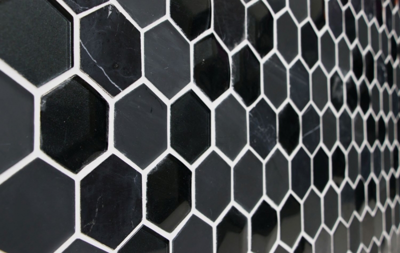 Piastrella di mosaico decorata a mano Backsplash di piastrelle Nero traslucido Mosaico di vetro esagonale Pietra di cristallo 3D nero MOS11D-33_m