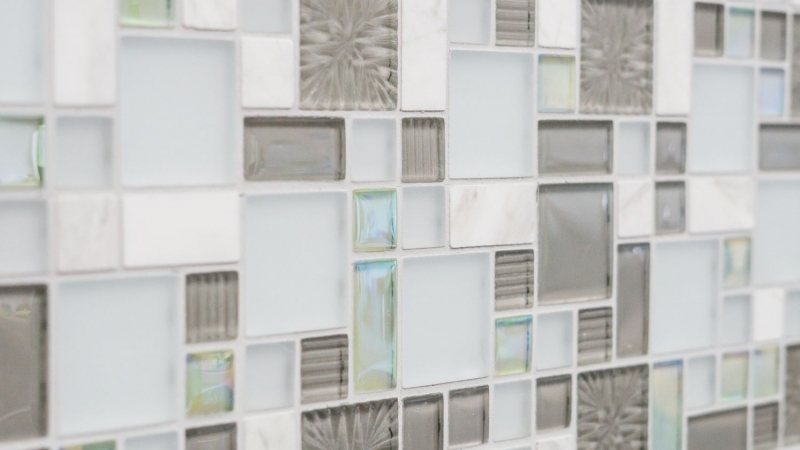 Piastrella di mosaico dipinta a mano Backsplash di piastrelle Traslucido bianco grigio Combinazione di mosaico di vetro Pietra di cristallo bianco grigio bianco opaco MOS88-MC659_m