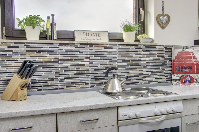 Piastrella di mosaico dipinta a mano Rivestimento traslucido beige marrone grigio nero Mosaico di vetro composito Pietra di cristallo MOS86-0206_m