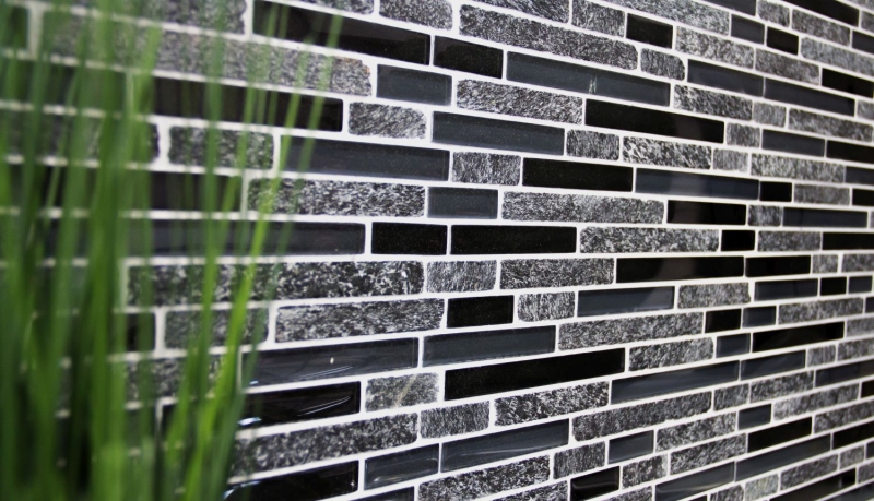 Piastrella di mosaico dipinta a mano Backsplash di piastrelle Grigio traslucido nero Mosaico di vetro composito Pietra di cristallo grigio nero MOS86-0208_m