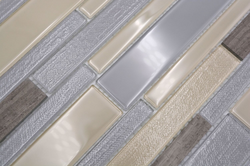 Piastrella di mosaico campione dipinta a mano Rivestimento traslucido grigio beige Mosaico di vetro composito Pietra di cristallo grigio beige MOS67-GV24_m