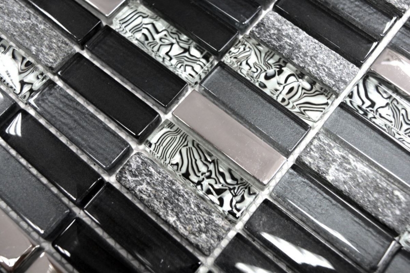 Piastrella di mosaico dipinta a mano Backsplash di piastrelle Traslucido grigio argento nero Rettangolo Mosaico di vetro Pietra di cristallo nero MOS87-SM88_m