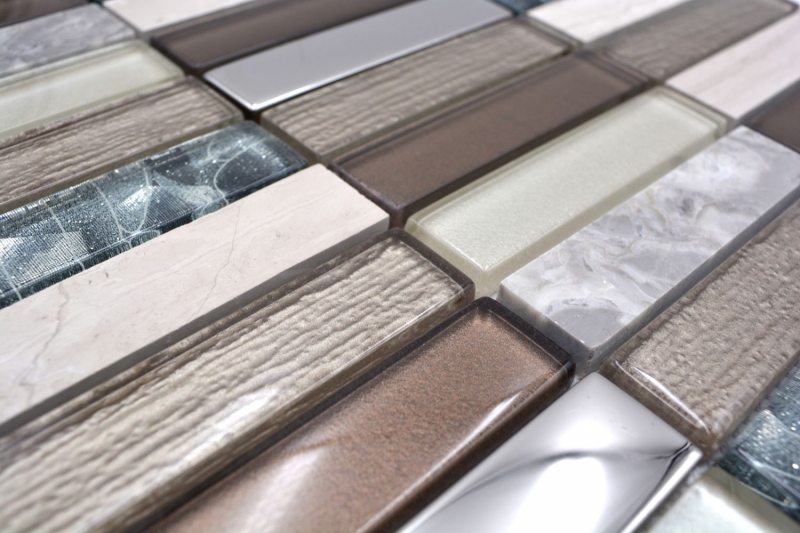 Piastrella di mosaico dipinta a mano traslucida marrone chiaro grigio argento rettangolo mosaico di vetro Pietra di cristallo marrone chiaro MOS87-68X_m
