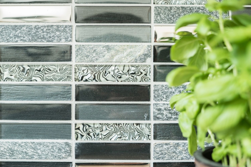 Piastrella di mosaico dipinta a mano Backsplash di piastrelle Traslucido grigio argento nero Rettangolo Mosaico di vetro Pietra di cristallo nero MOS87-88X_m