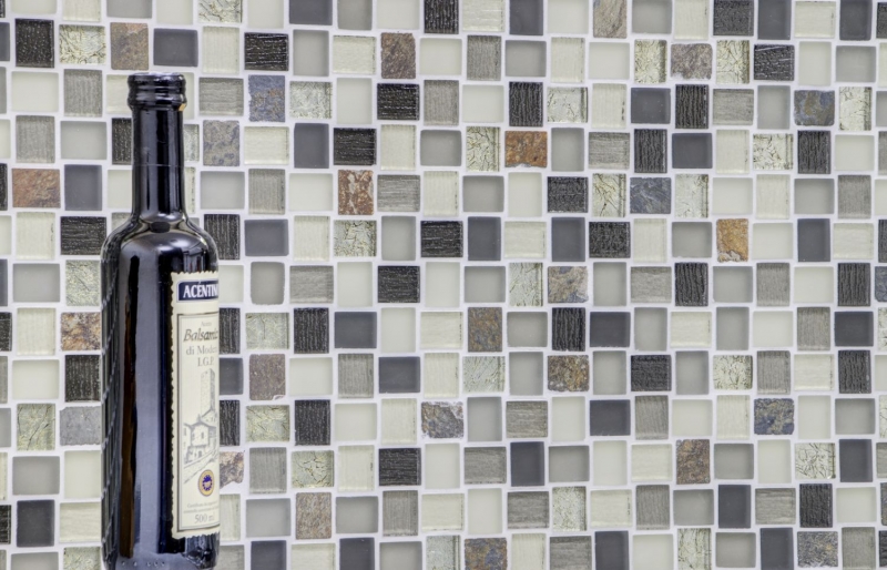 Piastrella di mosaico decorata a mano Rivestimento traslucido bianco grigio ruggine Rettangolo Mosaico di vetro Pietra di cristallo rustica MOS82-0102_m