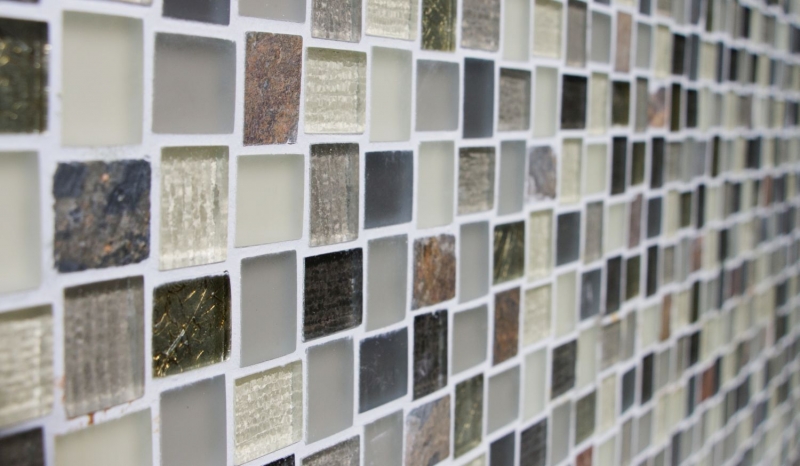 Piastrella di mosaico decorata a mano Rivestimento traslucido bianco grigio ruggine Rettangolo Mosaico di vetro Pietra di cristallo rustica MOS82-0102_m