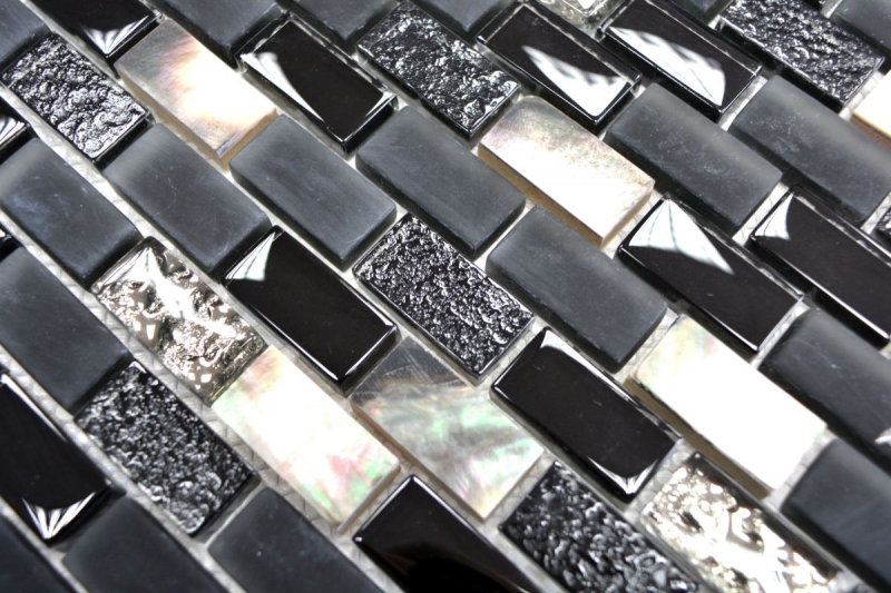 Piastrella di mosaico decorata a mano Backsplash di piastrelle Nero traslucido Brick Mosaico di vetro Pietra di cristallo Conchiglia nera MOS87-B03S_m