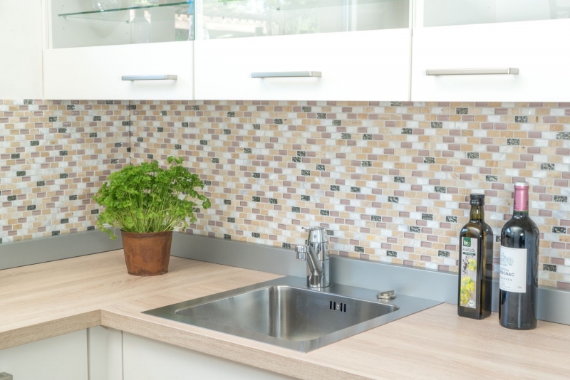 Piastrella di mosaico decorata a mano Backsplash di piastrelle beige traslucido Brick Mosaico di vetro Pietra di cristallo Shell beige MOS87-B05S_m