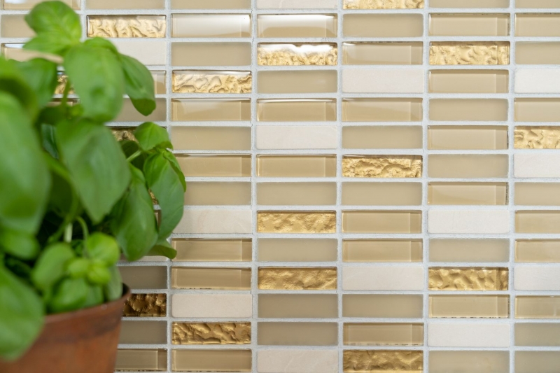 Piastrella di mosaico dipinta a mano Backsplash di piastrelle Barre traslucide in oro bianco Mosaico di vetro Pietra di cristallo in oro bianco opaco MOS87-1202_m
