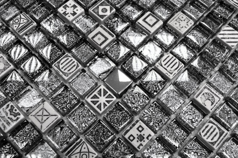 Piastrella di mosaico dipinta a mano Backsplash di piastrelle Traslucido bianco argento nero Mosaico di vetro Pietra di cristallo bianco argento nero struttura MOS92-Z02EU_m