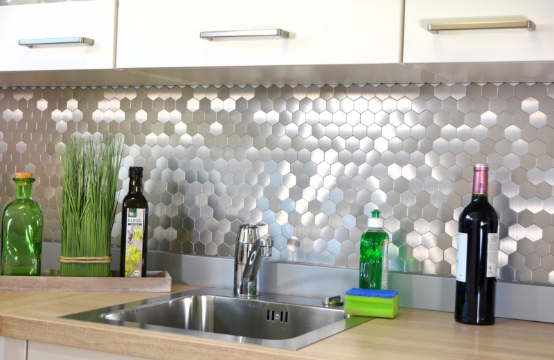 Piastrella di mosaico dipinta a mano autoadesiva alluminio argento metallo Esagono metallo MOS200-22MHX_m