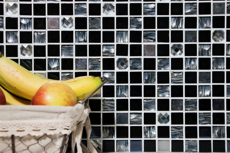 Piastrella di mosaico a mano Piastrella specchio autoadesivo Acciaio inox traslucido nero Mosaico di vetro Acciaio cristallo nero Vetro MOS200-4CM26_m