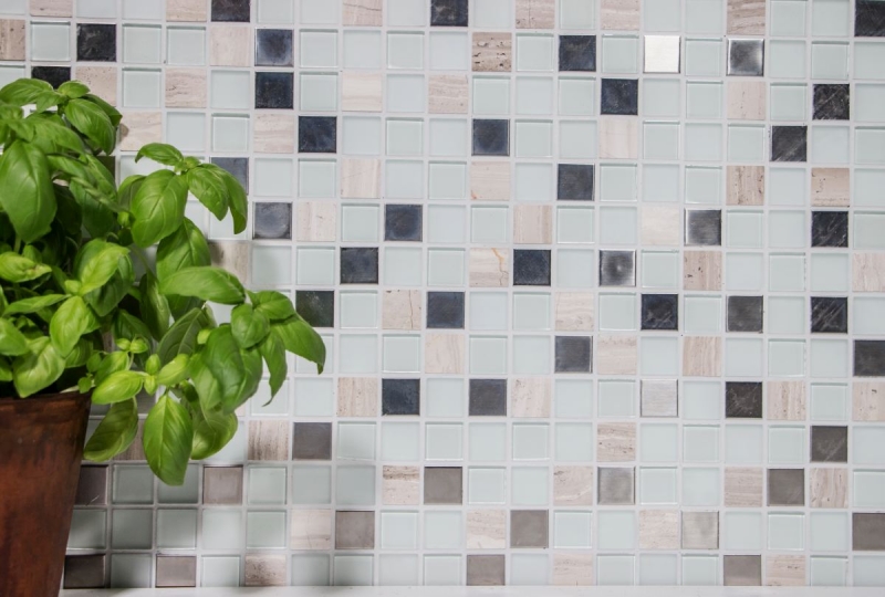 Mosaico a mano Piastrella autoadesiva Pietra traslucida Acciaio inox bianco Mosaico di vetro Pietra di cristallo Acciaio bianco Vetro MOS200-4CM32_m