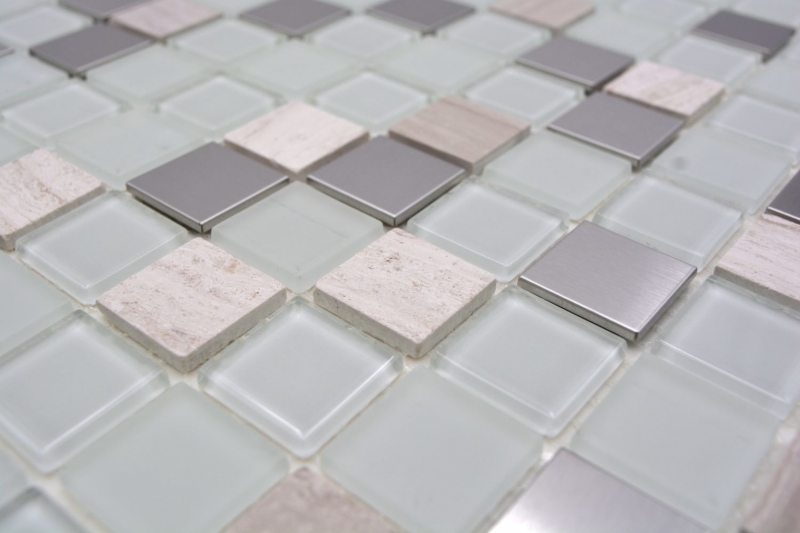 Mosaico a mano Piastrella autoadesiva Pietra traslucida Acciaio inox bianco Mosaico di vetro Pietra di cristallo Acciaio bianco Vetro MOS200-4CM32_m