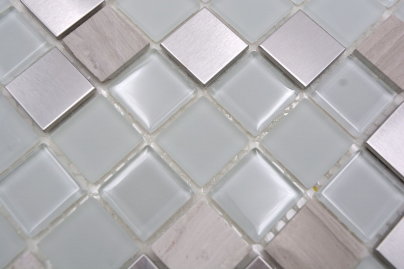 Mosaico a mano Piastrella autoadesiva Pietra traslucida Acciaio inox bianco Mosaico di vetro Pietra di cristallo Acciaio bianco Vetro MOS200-4CM32_m