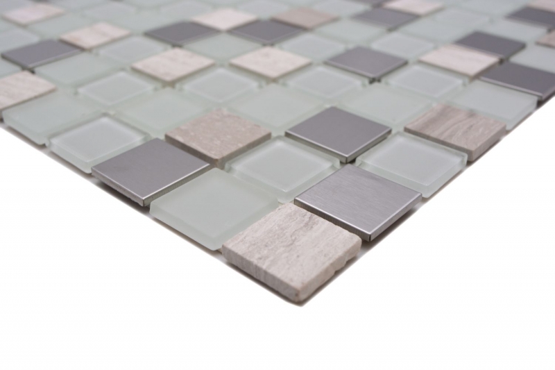 Mosaico a mano Piastrella autoadesiva Pietra traslucida Acciaio inox bianco Mosaico di vetro Pietra di cristallo Acciaio bianco Vetro MOS200-4CM32_m