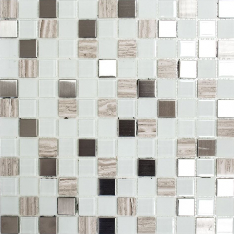 Mosaico a mano Piastrella autoadesiva Pietra traslucida Acciaio inox bianco Mosaico di vetro Pietra di cristallo Acciaio bianco Vetro MOS200-4CM32_m