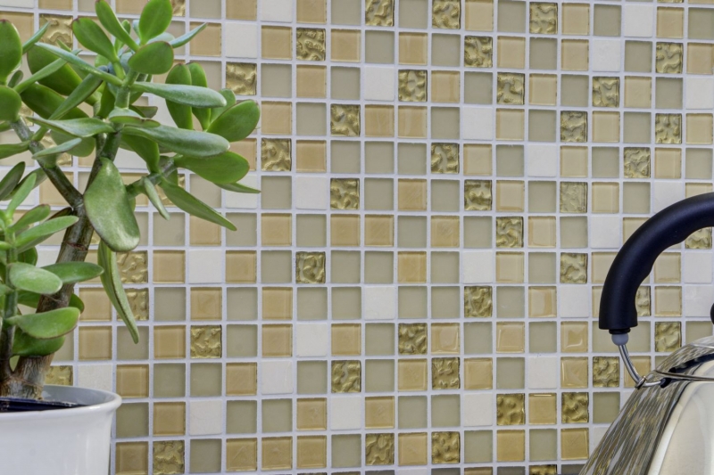 Piastrella di mosaico dipinta a mano Rivestimento autoadesivo Pietra traslucida oro bianco Mosaico di vetro Pietra di cristallo oro bianco opaco MOS200-4M362_m
