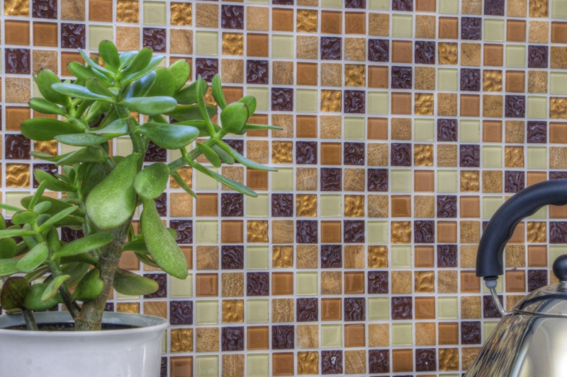 Campione a mano di mosaico Piastrella autoadesiva Pietra traslucida beige marrone Mosaico di vetro Pietra di cristallo beige marrone MOS200-4M372_m