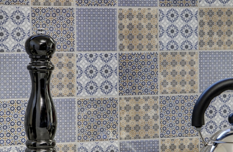 Retro vintage mosaico backsplash cucina bianco blu arancione grigio MOS22B-1404_f | 10 mosaico tappetini