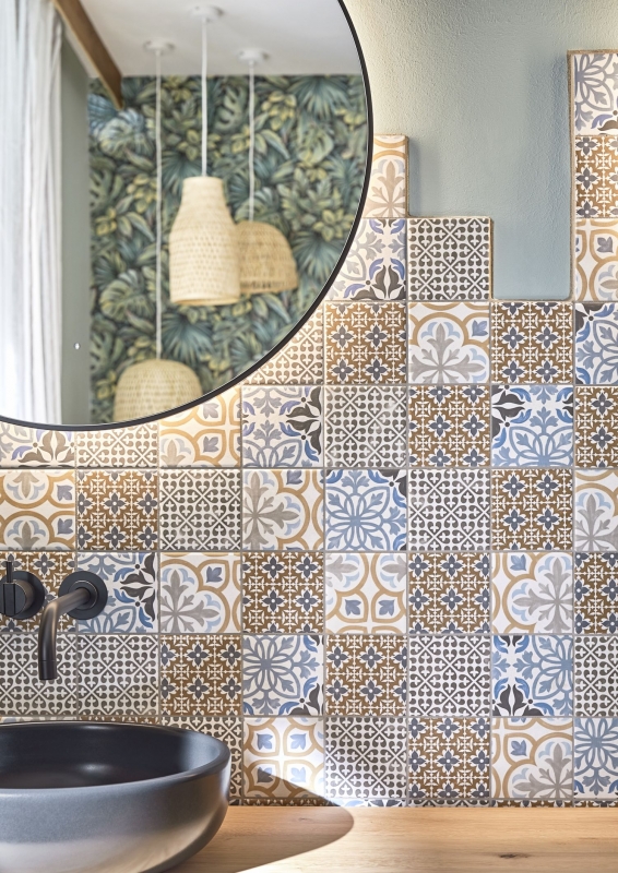 Retro vintage mosaico backsplash cucina backsplash ceramica crema blu arancio grigio opaco MOS22B-1406_f | 10 mosaico tappetini