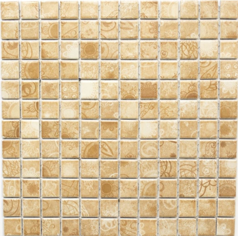 Piastrelle di mosaico retro vintage in ceramica beige marrone per cucina MOS18D-1412_f | 10 tappetini di mosaico