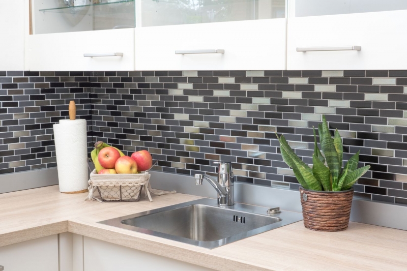 Mosaico composito in ceramica nero argento cromo aste backsplash MOS26-0317_f | 10 tappetini a mosaico