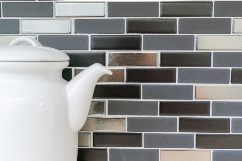 Mosaico composito in ceramica nero argento cromo aste backsplash MOS26-0317_f | 10 tappetini a mosaico