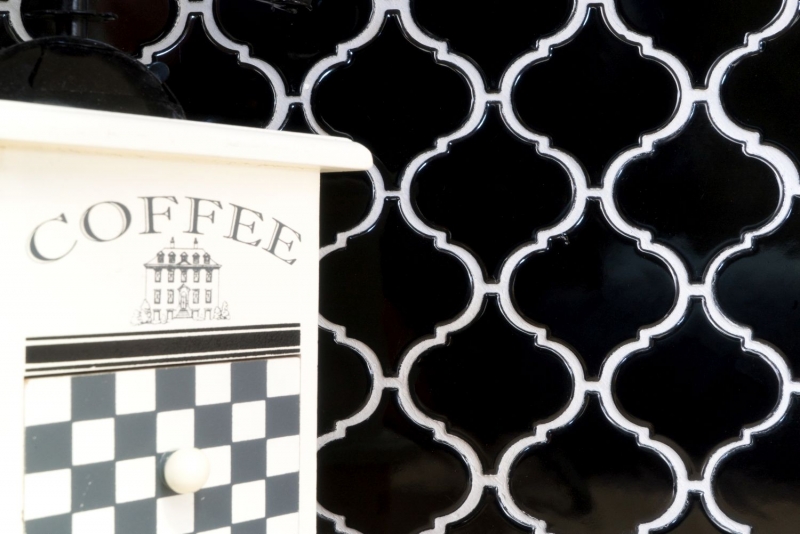 Piastrelle di mosaico retro vintage in ceramica fiorentina nera lucida MOS13-2BG_f | 10 tappetini di mosaico