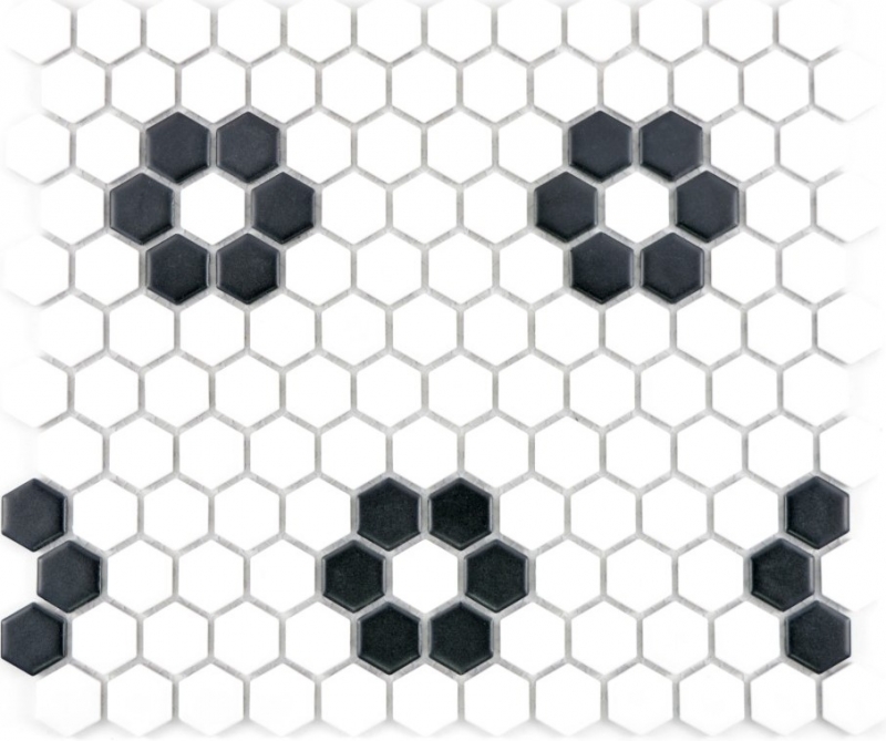 Piastrelle mosaico ceramica esagono nero bianco opaco backsplash cucina MOS11A-0103_f | 10 tappetini mosaico