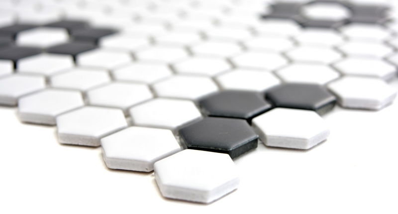 Piastrelle mosaico ceramica esagono nero bianco opaco backsplash cucina MOS11A-0103_f | 10 tappetini mosaico