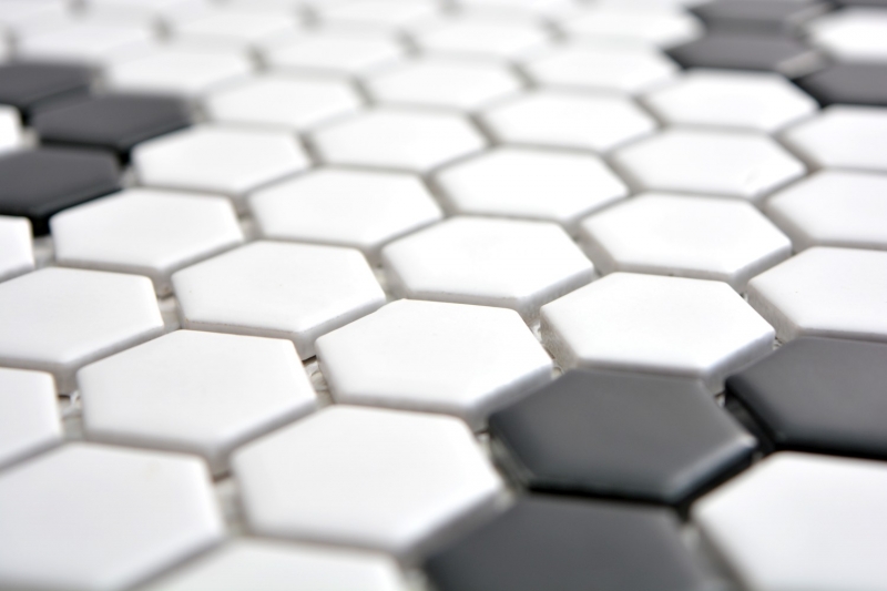 Piastrelle mosaico ceramica esagono nero bianco opaco backsplash cucina MOS11A-0103_f | 10 tappetini mosaico