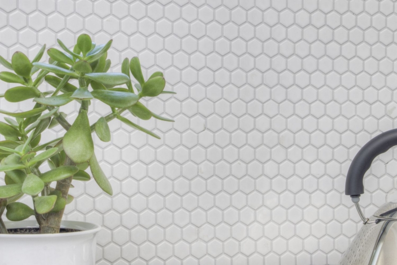 Piastrelle mosaico ceramica esagono bianco lucido backsplash cucina MOS11A-0102_f | 10 tappetini mosaico