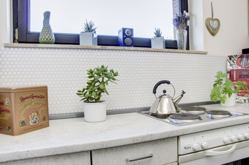 Piastrelle mosaico ceramica esagono bianco lucido backsplash cucina MOS11A-0102_f | 10 tappetini mosaico