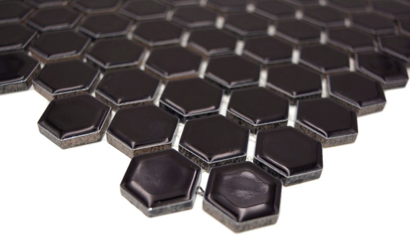 Piastrelle di mosaico ceramica esagono nero lucido piastrelle da parete bagno MOS11A-0302_f | 10 tappetini a mosaico