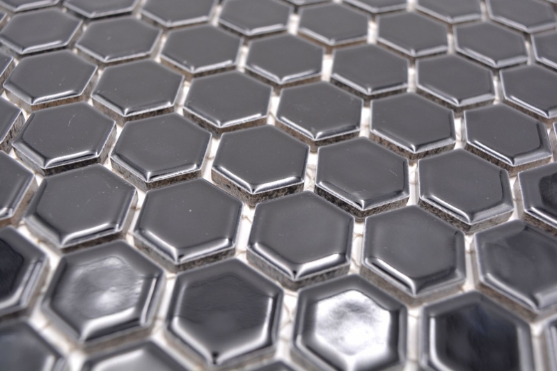 Piastrelle di mosaico ceramica esagono nero lucido piastrelle da parete bagno MOS11A-0302_f | 10 tappetini a mosaico