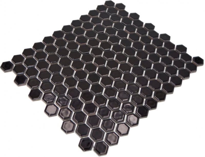Piastrelle di mosaico ceramica esagono nero lucido piastrelle da parete bagno MOS11A-0302_f | 10 tappetini a mosaico