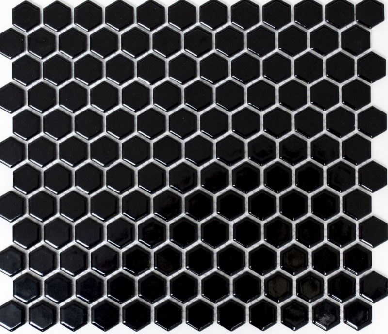 Piastrelle di mosaico ceramica esagono nero lucido piastrelle da parete bagno MOS11A-0302_f | 10 tappetini a mosaico