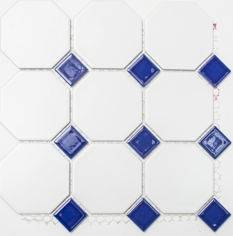 Piastrelle di mosaico in ceramica ottagonale bianco opaco blu cobalto lucido parete alzatina cucina MOSOcta-180_f | 10 tappetini di mosaico