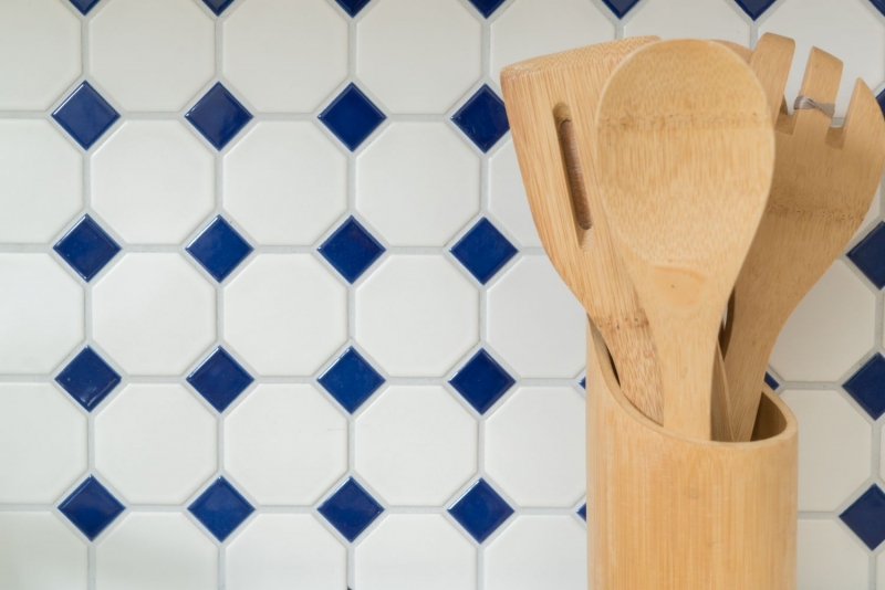 Piastrelle mosaico ceramica blu ottagono bianco opaco blu lucido cucina splashback MOS13-OctaG464_f | 10 tappetini mosaico