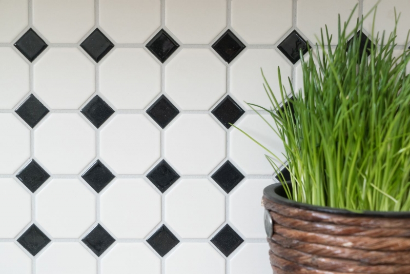 Piastrelle mosaico ceramica ottagono bianco opaco nero lucido backsplash piastrelle MOS13-OctaG468_f | 10 tappetini mosaico
