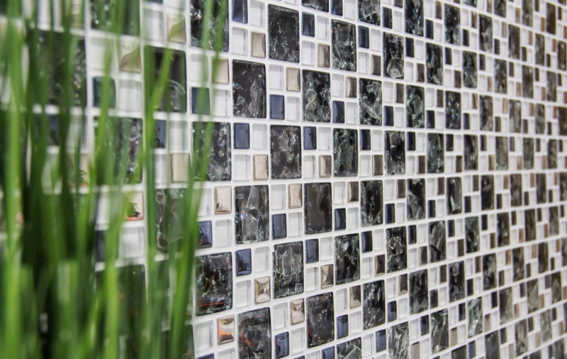 Piastrella di mosaico Traslucido nero argento Mosaico di vetro combinato Cristallo EP nero chiaro argento MOS88-k1499_f | 10 tappetini di mosaico