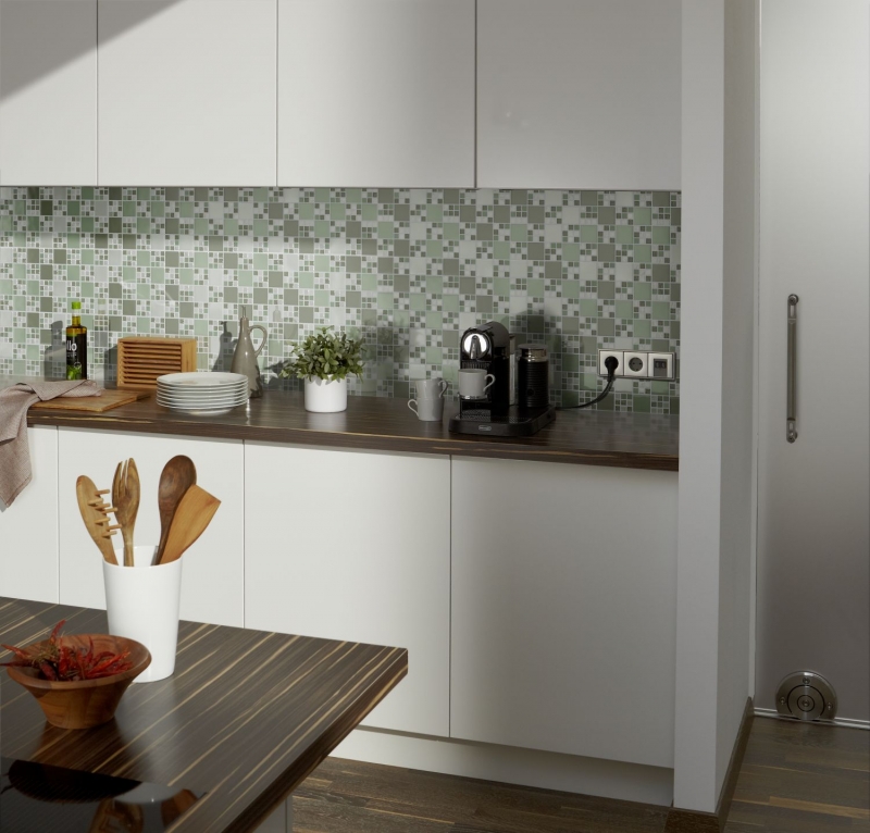 Piastrella di mosaico Verde traslucido Combinazione di mosaico di vetro Verde cristallo verde opaco MOS78-0504_f | 10 tappetini di mosaico