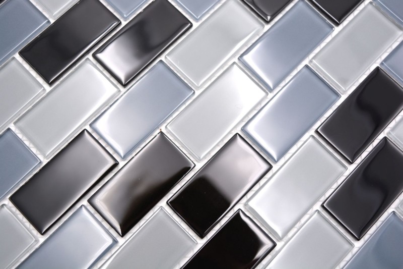 Piastrella di mosaico nero traslucido Brick Mosaico di vetro nero cristallo MOS66-0208_f | 10 tappetini di mosaico