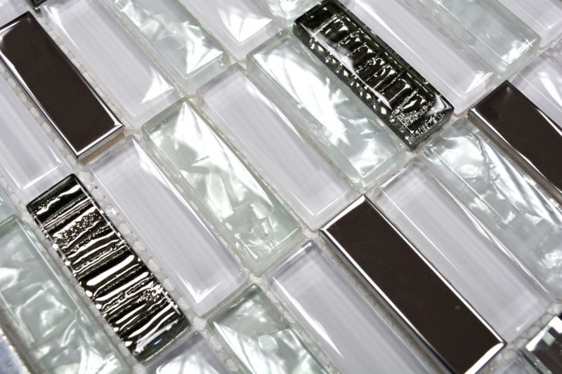 Piastrella di mosaico Aste traslucide in acciaio inox bianco Mosaico di vetro Acciaio cristallo bianco MOS87-0102_f | 10 tappetini di mosaico
